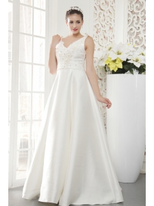 Brand New A-line / Princess V-neck Floor-length Satin Beading Wedding Dress