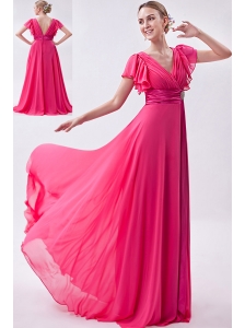 Hot Pink Empire V-neck Prom Dress Chiffon Ruch Brush Train