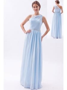 Light Blue Empire One Shoulder Prom Dress Chiffon Beading Floor-length