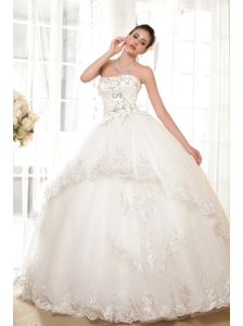 Luxurious Ball Gown Strapless Floor-length Tulle Appliques Wedding Dress