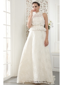Popular A-line High-neck Brush Train Lace Beading and Ruch Wedding Dress