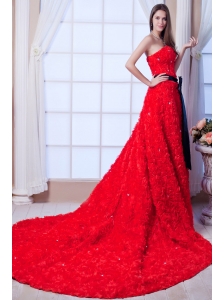 Red A-line Strapless Cathedral Train Special Fabric Beading and Sash Wedding Dress