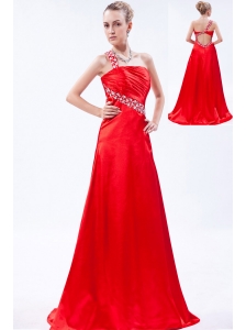 Red Column One Shoulder Prom Dress Taffeta Beading and Ruch Brush Train