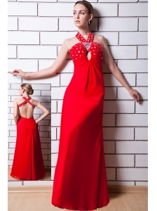 Red Empire Halter Prom Dress Chiffon Rhinestone  Floor-length