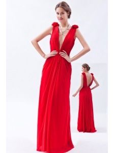 Red Empire V-neck Prom Dress Chiffon Beading Floor-length