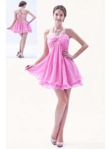Rose Pink A-line / Princess Beading Prom Dress One Shoulder Mini-length Organza