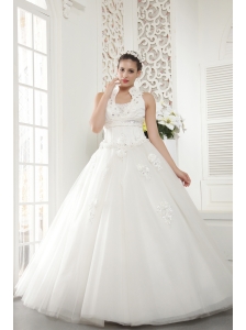 Wonderful A-line / Princess High-neck Floor-length Tulle Beading Wedding Dress