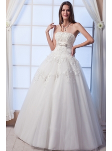 Best A-line Strapless Floor-lengthTulle Beading and Hand Made Flowers Wedding Dress