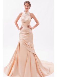Champagne Mermaid High-neck Court Train Taffeta Embroidery with Beading Prom Dress