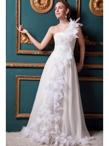Elegant A-line One Shoulder Brush Train Chiffon Ruffles Wedding Dress