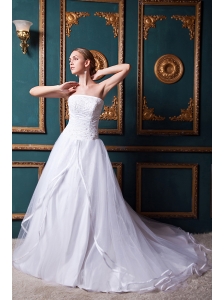 Lovely A-line Strapless Chapel Train Organza Beading Wedding Dress