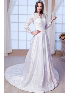 Luxurious A-line V-neck Chapel Train Satin Lace and Appliques Wedding Dress