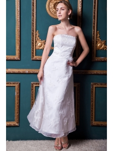 Modest Column Strapless Ankle-length Organza and Taffeta Appliques Wedding Dress