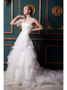 Pretty A-line Strapless Chapel Train Organza Ruch Wedding Dress