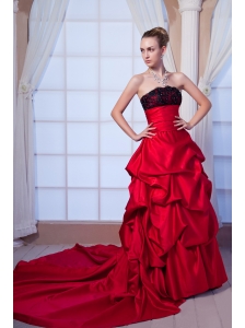 Red A-line Strapless Chapel Train Taffeta Beading and Lace Wedding Dress