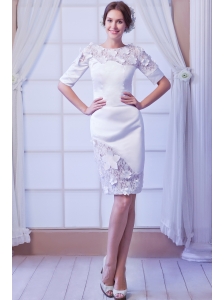 White Column Scoop Knee-length Satin Wedding Dress