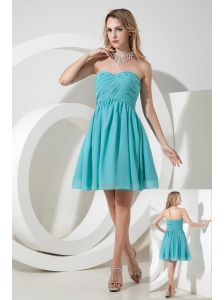 Turquoise A-line / Princess Strapless Ruch Bridesmaid Dress Knee-length Chiffon