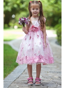 White and Pink A-line Scoop Flower Girl Dress Tea-length Taffeta and Organza Hand Made Flowers