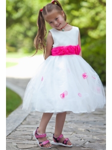 White Ball Gown Scoop Tea-length Flower Girl Dress Taffeta and Tulle Hand Made Flowers