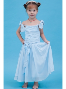 Baby Blue A-line Straps Ankle-length Flower Girl Dress Chiffon Ruch