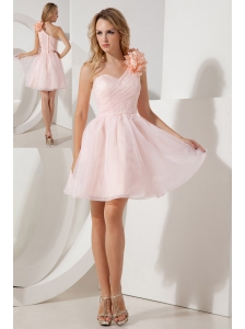 Baby Pink A-line / Princess One Shoulder Cocktail Dress Hand Made Flowers Mini-length Organza