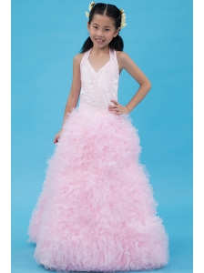 Baby Pink A-line Halter Flower Girl Dress Tulle Beading Floor-length