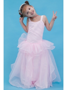Baby Pink A-line Straps Flower Girl Dress Organza Floor-length