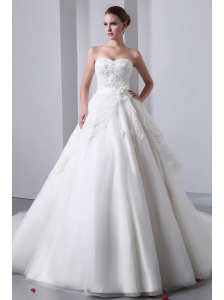 Beautiful A-line Sweetheart Lace Wedding Dress Cathedral Train Tulle and Taffeta