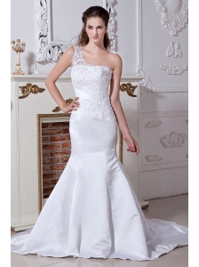 Beautiful Mermaid One Shoulder Wedding Dress Beading and Embroidery Court Train Satin