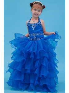 Blue Ball Gown Halter Floor-length Flower Girl Dress Organza Appliques