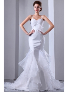 Fashionable Mermaid Spaghetti Straps Wedding Dress Ruffles Brush Train Satin and Organza