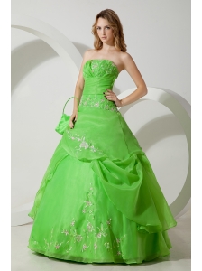 Spring Green Sweet 16 Dress Embroidery Ball Gown Strapless Floor-length Organza
