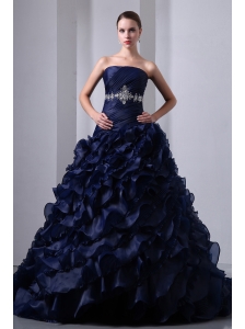 Navy Blue A-Line / Princess Strapless Beading and Ruch Quinceanea Dress Brush Train Taffeta and Organza
