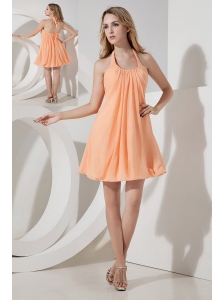 Orange A-line / Princess Halter Ruch Bridesmaid Dress Mini-length Chiffon