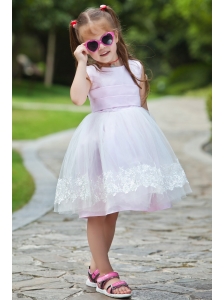 Pink Ball Gown Scoop Flower Girl Dress Taffeta and Organza Appliques Tea-length
