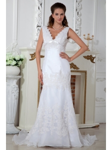 Pretty Column V-neck Wedding Dress Lace and Appliques Court Train Organza