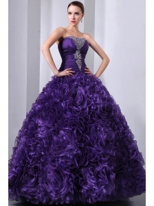 Purple A-Line / Princess Beading and Hand Made Flowers Quinceanea Dress Strapless Floor-length Organza