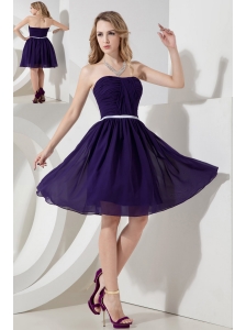 Purple A-line Strapless Ruch Bridesmaid Dress Knee-length Chiffon