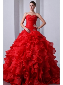 Red A-Line / Princess Sweetheart Beading and Ruffles Quinceanea Dress Brush Train Organza