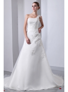 Simple A-line One Shoulder Wedding Dress Appliques With Beading Chapel Train Satin and Organza