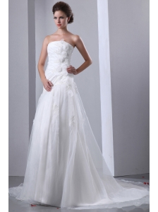 Simple A-line Strapless Wedding Dress Appliques and Hand Made Flowers Court Train Taffeta and Organza