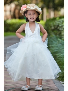 White A-line Halter Ankle-length Flower Girl Dress Taffeta and Tulle Beading and Hand Made Flowers