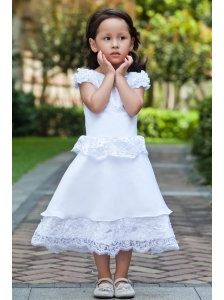 White A-line Scoop Ankle-length Flower Girl Dress Taffeta and Lace