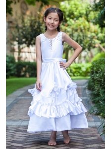 White A-line Scoop Ankle-length Flower Girl Dress Taffeta Hand Made Flowers