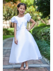 White A-line Scoop Flower Girl Dress Ankle-length Taffeta and Organza Hand Made Flowers