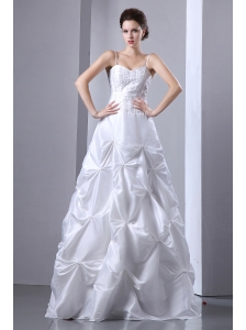 White A-line Spaghetti Straps Wedding Dress Beading and Pick-ups Taffeta Floor-length