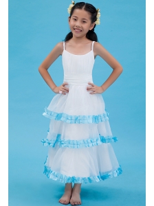 White A-line Straps Flower Girl Dress Ankle-length Organza Ruch