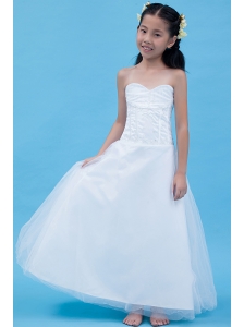 White A-line Sweetheart Flower Girl Dress Tulle Appliques Floor-length