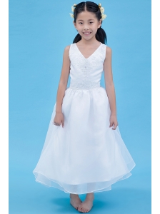 White A-line V-neck Flower Girl Dress Ankle-length Organza Appliques