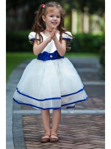 White and Blue Ball Gown Scoop Flower Girl Dress Knee-length Taffeta and Organza Bow